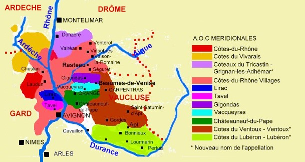 carte des régions viticoles des côtes du Rhône méridionales 